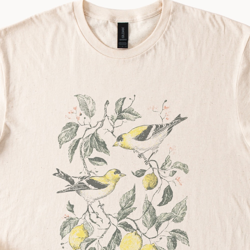Vintage Botanical Birds and Citrus Graphic Tee Natural Shirt